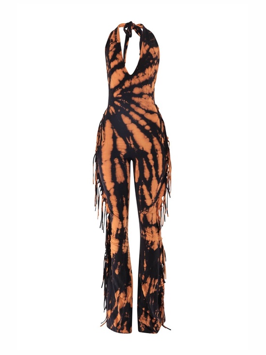 Ktoo Pants - Tie-Dye Halter Fringe Jumpsuit in Black & Orange